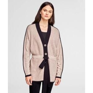 EUC White + Warren Cinched Waist Coatigan Almond/Black Cardigan Coat Sz Small